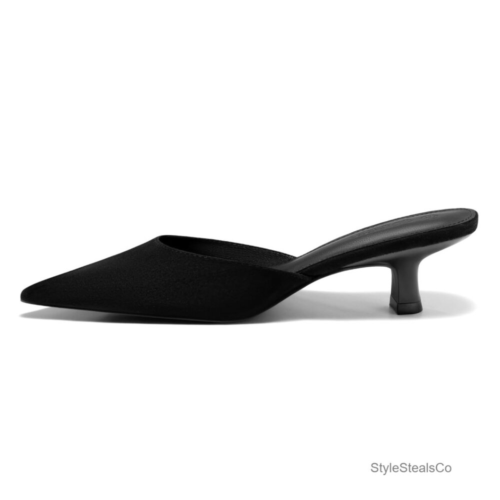 Leather Low Kitten Heel Mules Pointed Toe Slip On Dress Pumps